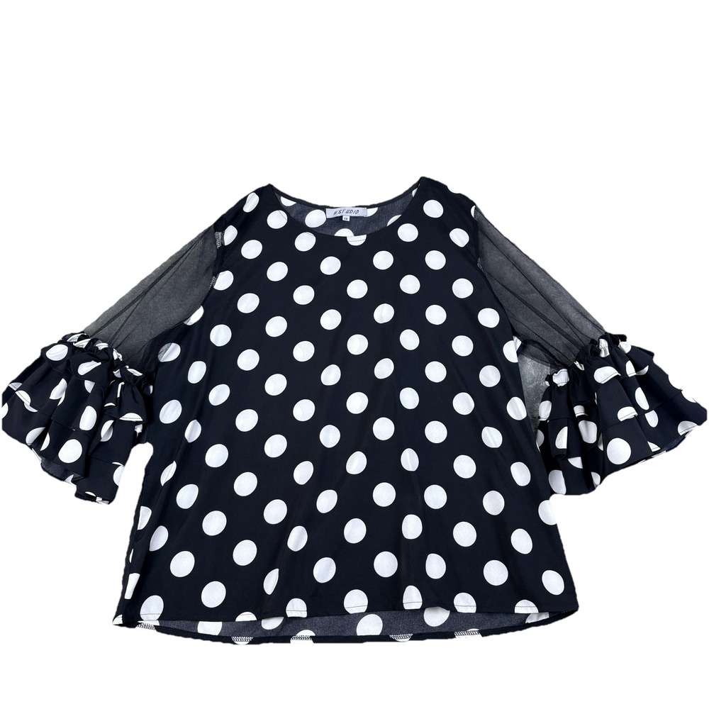 Womens‎ Polka Dot Blouse Black White 1X Sheer Mesh Ruffle Sleeve Feminine - Picture 5 of 16